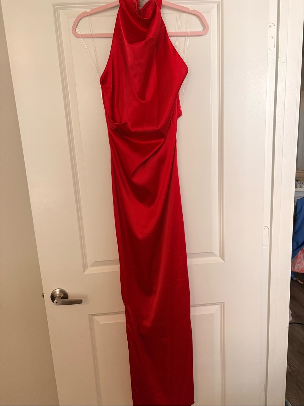 Fashion Nova Red Satin Halter Maxi Dress